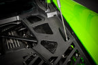 Close-up of Eventuri Lamborghini Huracan black carbon engine cover set installed in the engine bay, showcasing performance design and finish.