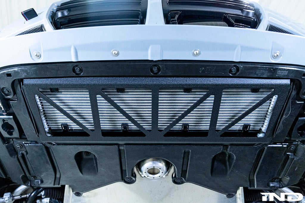 Fall Line Motorsports G8X M2 M3 M4 exterior oil cooler guard, black metal protective cover for engine cooling system.