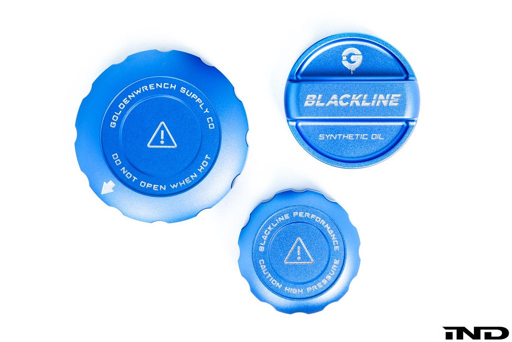 Goldenwrench Blackline Performance BMW M S58 engine cap cover set in blue, exterior car accessory for BMW M models.