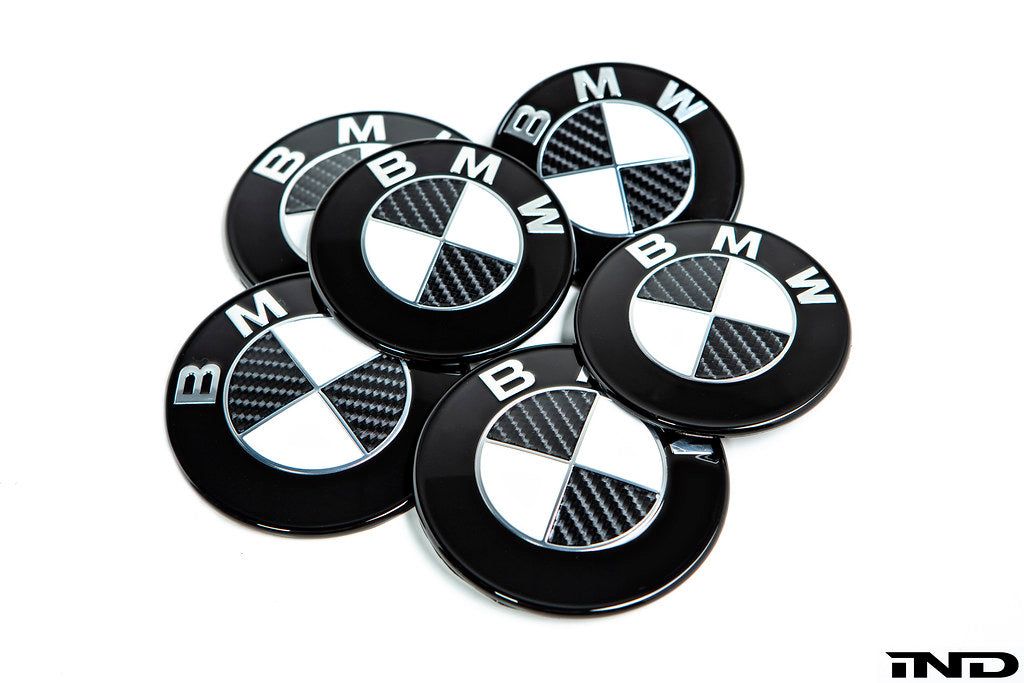 IND Carbon BMW Roundel set for exterior, featuring sleek carbon-fiber finish and detailed BMW logo emblems.