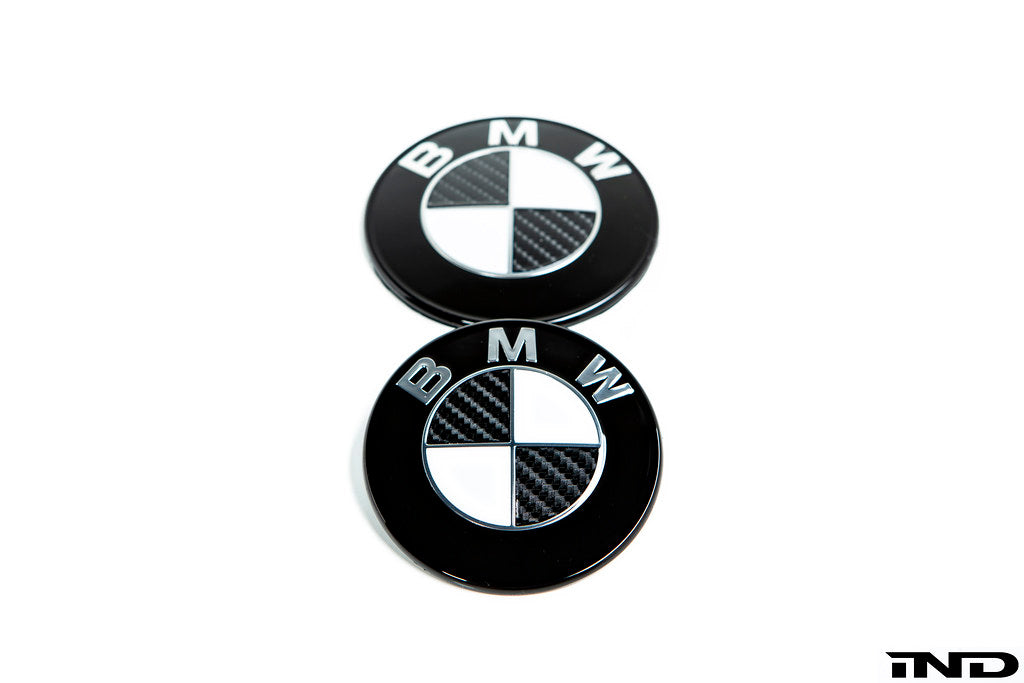 IND Carbon BMW Roundel Set for exterior of vehicle, featuring sleek carbon-fiber finish with iconic BMW logo design.