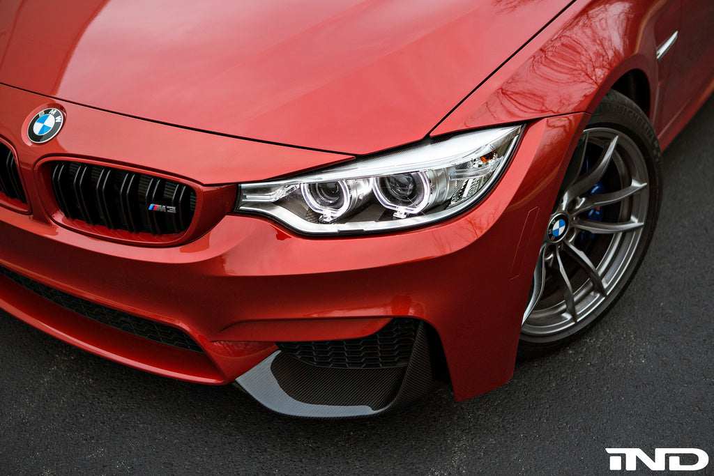 IND F8X M3 M4 Painted Front Reflector Set installed on a BMW F80 M3 or F82 F83 M4, providing a seamless OEM+ appearance by replacing the factory amber front reflectors with color-matched painted units.