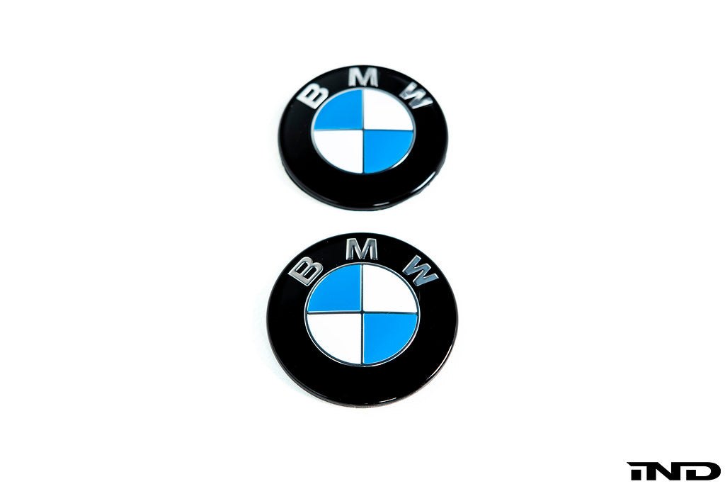 IND Painted BMW Roundel Set with High-Gloss Black Surround on Genuine BMW Roundel Cores