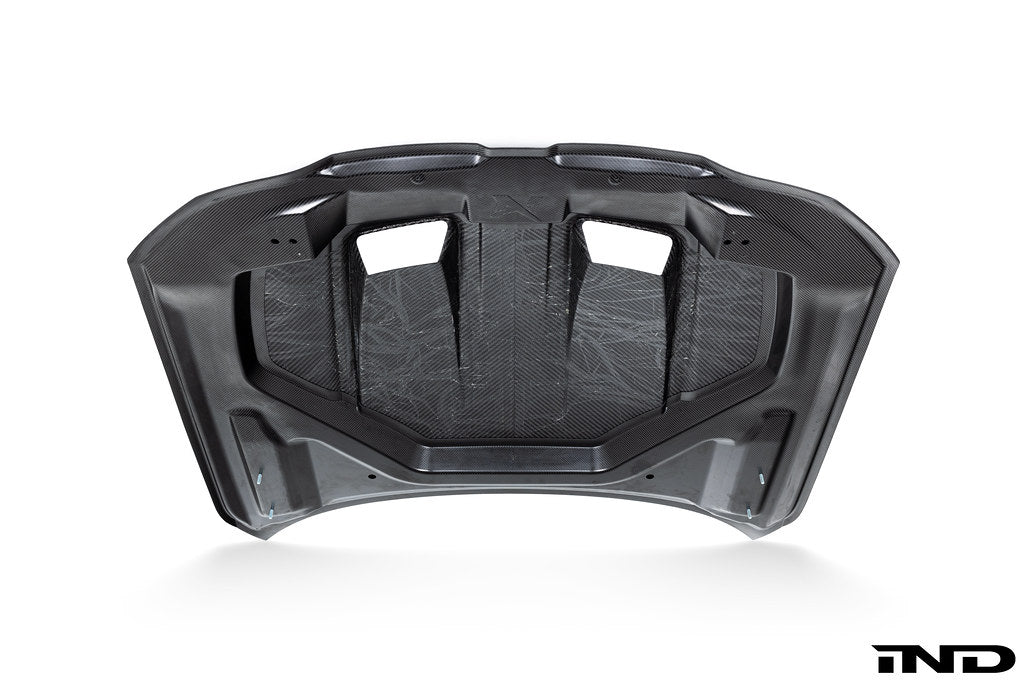 Alpha N G8X M3 M4 carbon fiber vented hood with raw finish, showcasing its lightweight, aerodynamic exterior design.