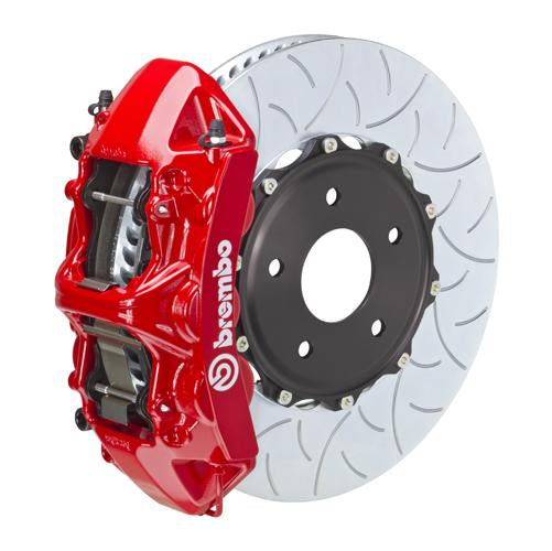 Brembo F8X M2 M3 M4 GT big brake kit with 380mm 2-piece slotted front brake rotors and 6-piston caliper in red.