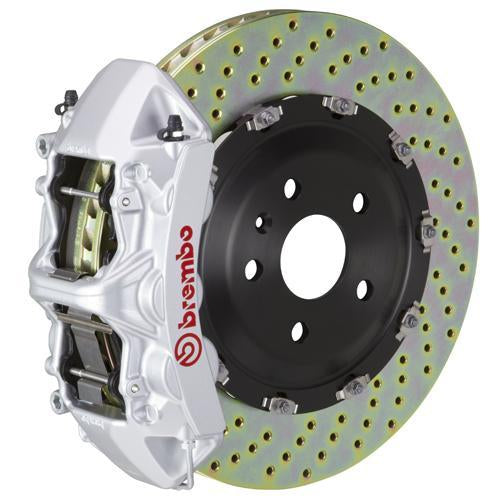Brembo F8X M2/M3/M4 GT Big Brake Kit with 365x34mm 2-piece drilled silver brake rotors and 6-piston calipers.