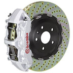 Brembo F8X M2/M3/M4 GT Big Brake Kit with 365x34mm 2-piece drilled silver brake rotors and 6-piston calipers.
