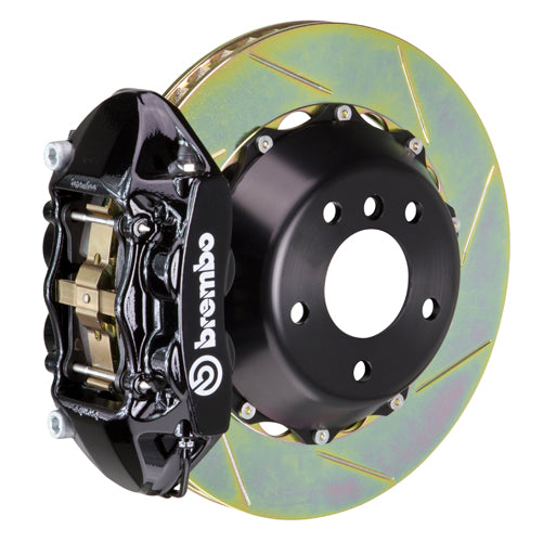 Brembo F8X M2/M3/M4 GT big brake kit with 345x28mm 2-piece rear slotted brake rotors and black 4-piston calipers.
