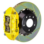 Brembo F8X M2/M3/M4 GT big brake kit rear with 345x28mm 2-piece slotted brake rotors and yellow 4-piston calipers.