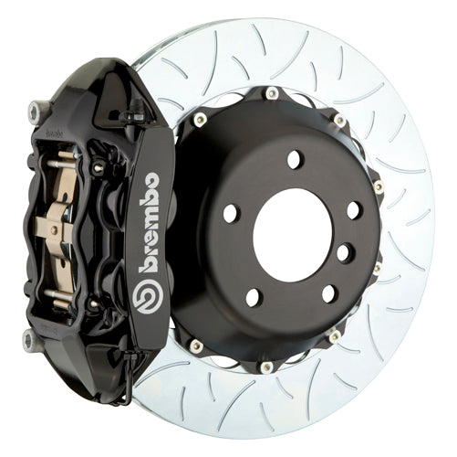 Brembo F8X M2/M3/M4 GT big brake kit with 345mm 2-piece rear slotted brake rotors and black 4-piston calipers.