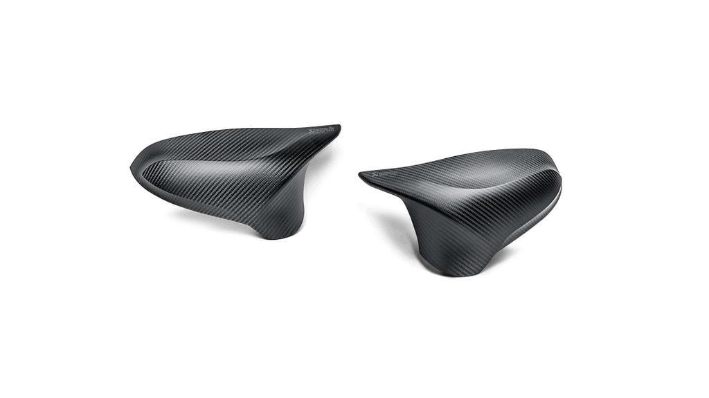 Akrapovic F8X M2C, M3, M4 carbon fiber mirror cap set for exterior, lightweight and sleek automotive accessory.