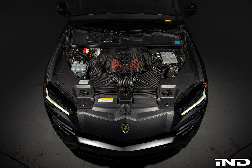 Eventuri black carbon twin turbo V8 intake system for 2019-2024 4.0TFSI performance engine, featuring sleek carbon fiber components.