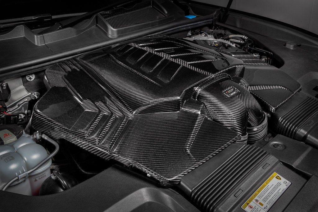 Eventuri 4.0TFSI Twin Turbo V8 black carbon intake system for 2019-2024 performance vehicles, featuring twin turbo design.