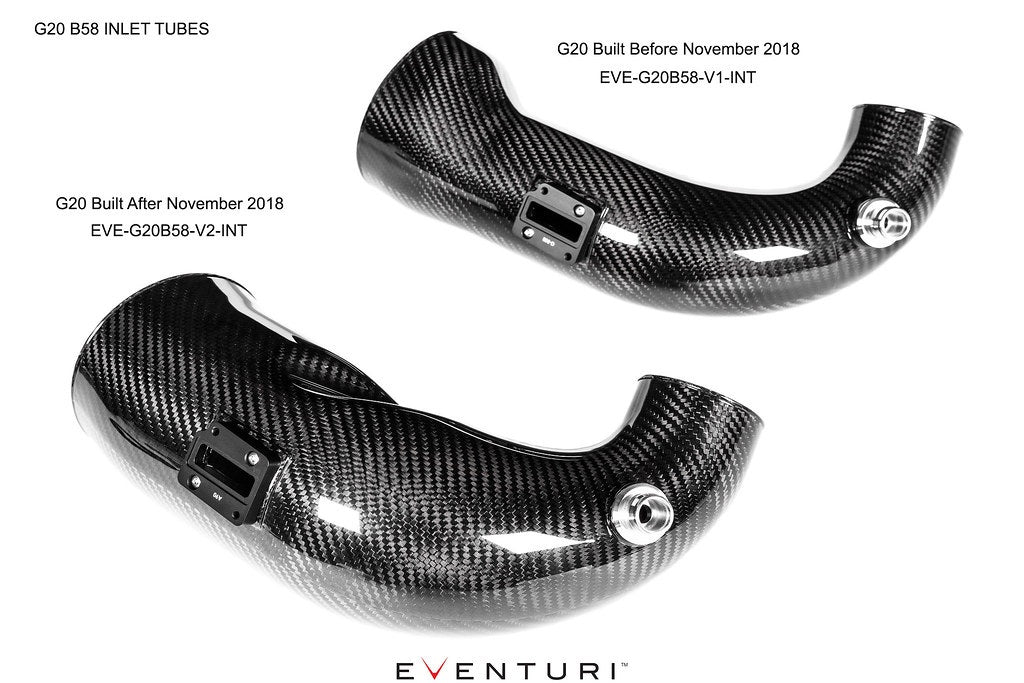 Eventuri carbon tube for BMW B58 V1 vs V2 on white background