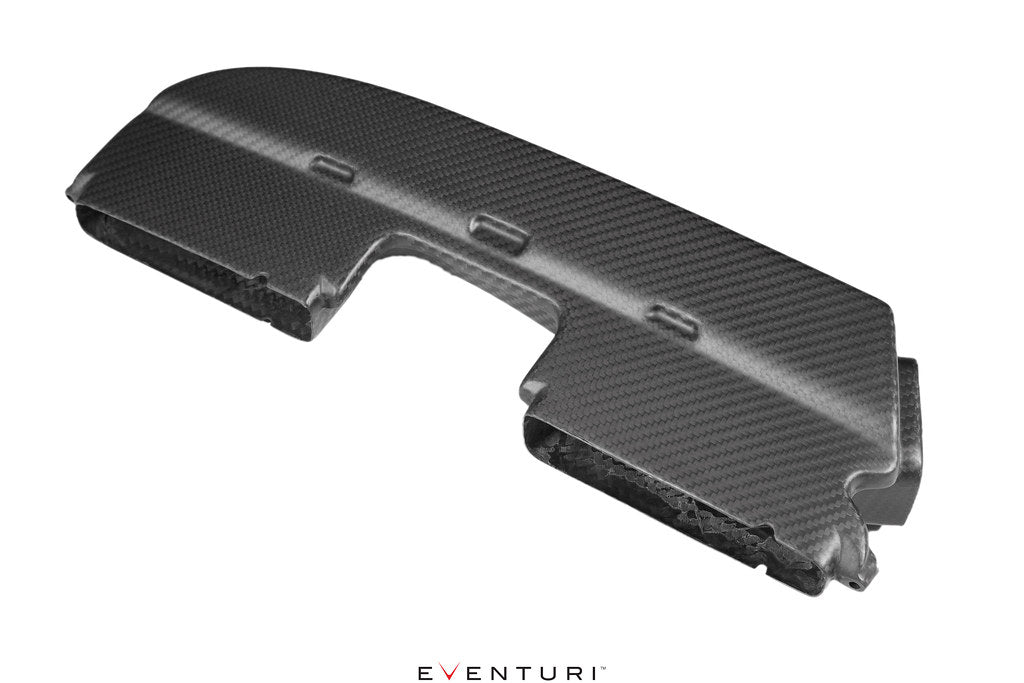 Eventuri BMW E9X M3 matte carbon duct set for performance enhancement, displayed on a white background.