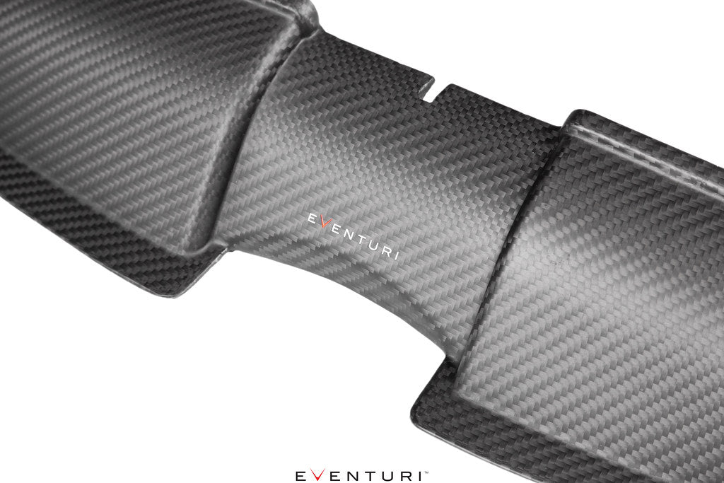 Eventuri BMW E9X M3 matte carbon duct set featuring performance air ducts with a sleek matte finish on a white background.