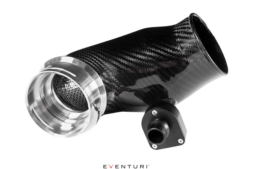 Eventuri BMW F90 M5 and F9X M8 carbon turbo inlet set, performance upgrade, shown on white background.