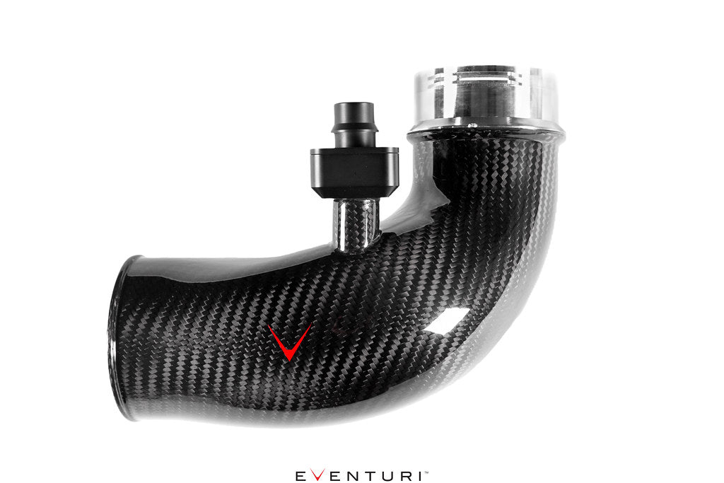 Eventuri BMW F90 M5 and F9X M8 carbon turbo inlet set, performance upgrade, with white background.