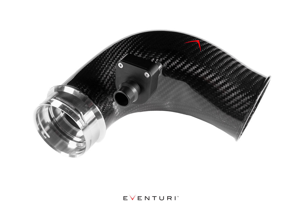 Eventuri BMW F90 M5 and F9X M8 carbon turbo inlet set on white background, performance upgrade for enhanced engine airflow.