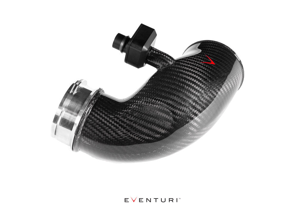 Eventuri carbon turbo inlet set for BMW F90 M5 and F9X M8, performance upgrade with white background.