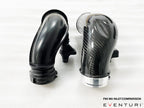 Eventuri BMW F90 M5 and F9X M8 carbon turbo inlet set for performance engine upgrade, shown on white background.