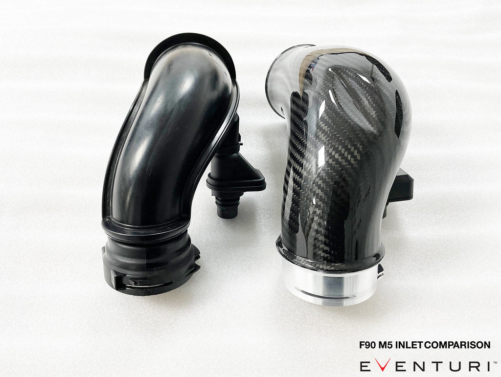 Eventuri BMW F90 M5 and F9X M8 carbon turbo inlet set for performance engine upgrade, shown on white background.