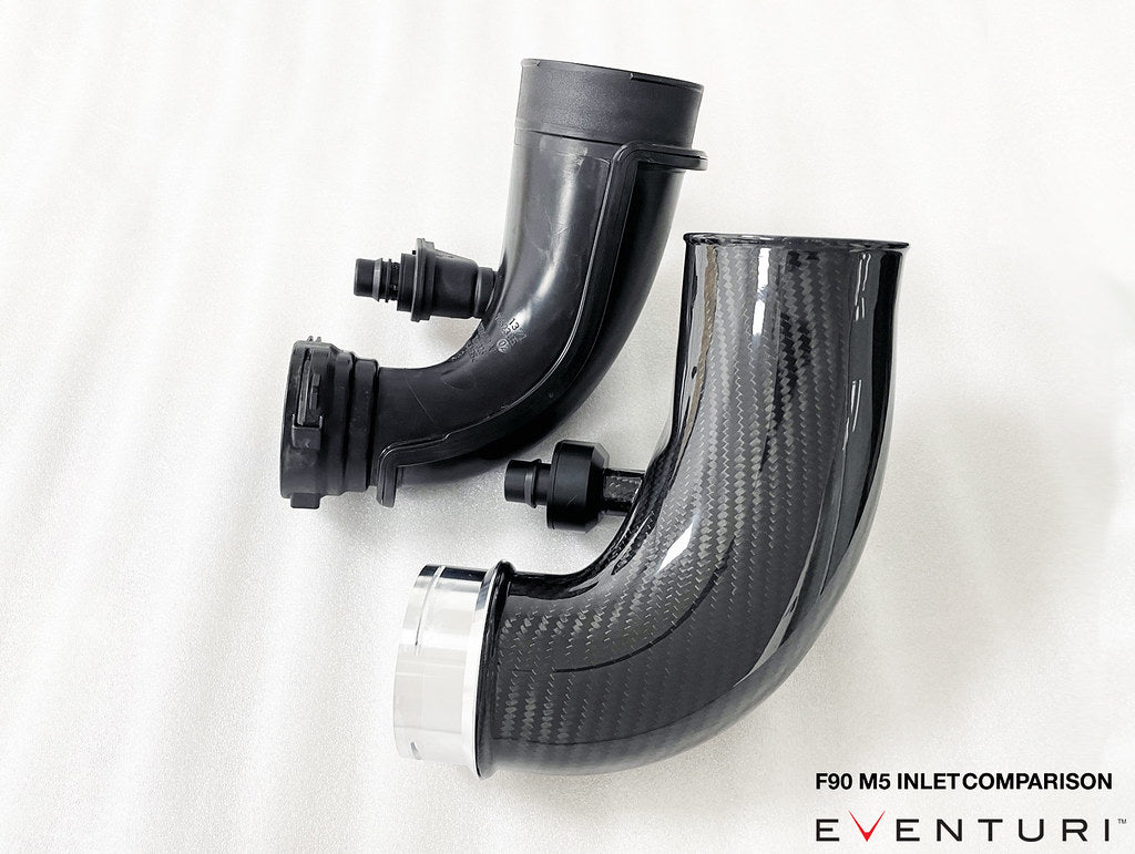 Eventuri carbon turbo inlet set for BMW F90 M5 and F9X M8, performance upgrade with white background and detailed inlet components.