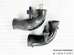 Eventuri BMW F90 M5 and F9X M8 carbon turbo inlet set, performance upgrade with white background and detailed inlet components.