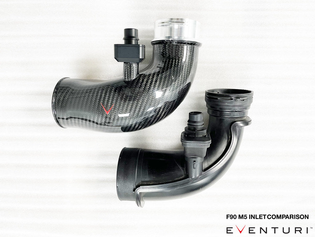 Eventuri BMW F90 M5 and F9X M8 carbon turbo inlet set, performance upgrade with white background and detailed inlet components.