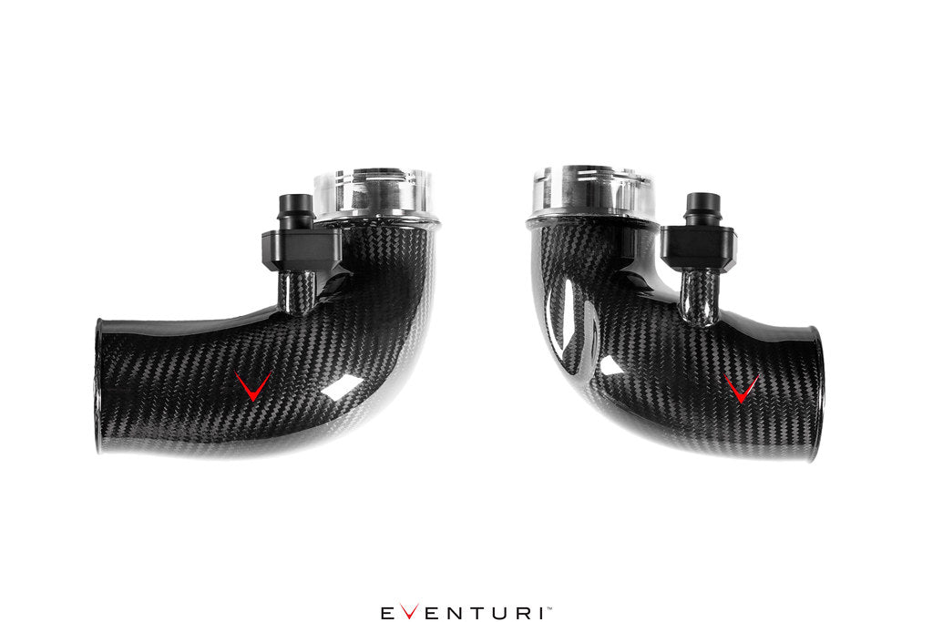 Eventuri BMW F90 M5 and F9X M8 carbon turbo inlet set, high-performance automotive parts on white background
