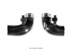 Eventuri BMW F90 M5 and F9X M8 carbon turbo inlet set, high-performance automotive parts on white background