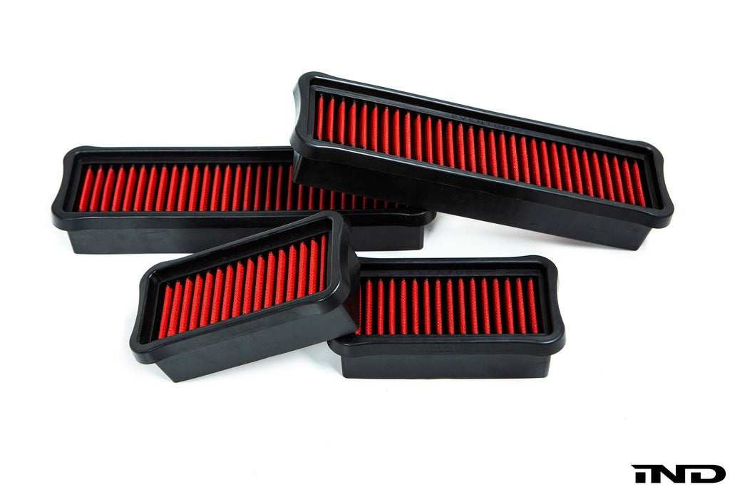 Eventuri BMW F97 X3M and F98 X4M performance replacement panel filter set on white background.