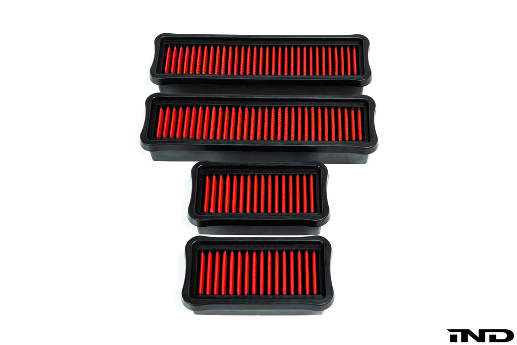 Eventuri BMW F97 X3M and F98 X4M performance replacement panel filter set on white background.