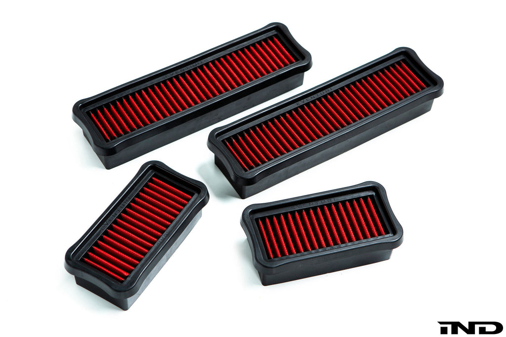 Eventuri BMW F97 X3M and F98 X4M performance replacement panel filter set on a white background.