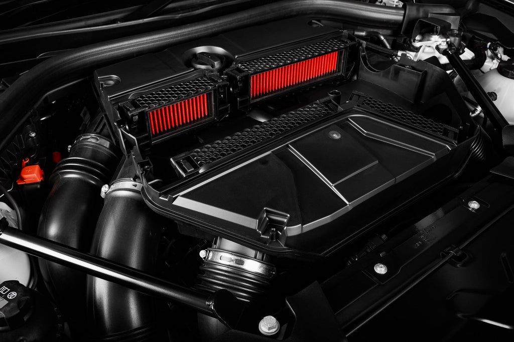 Eventuri BMW F97 X3M and F98 X4M performance replacement panel filters installed in engine bay