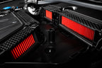 Eventuri BMW F97 X3M / F98 X4M replacement panel filter set installed, showcasing high-performance filters inside engine bay.