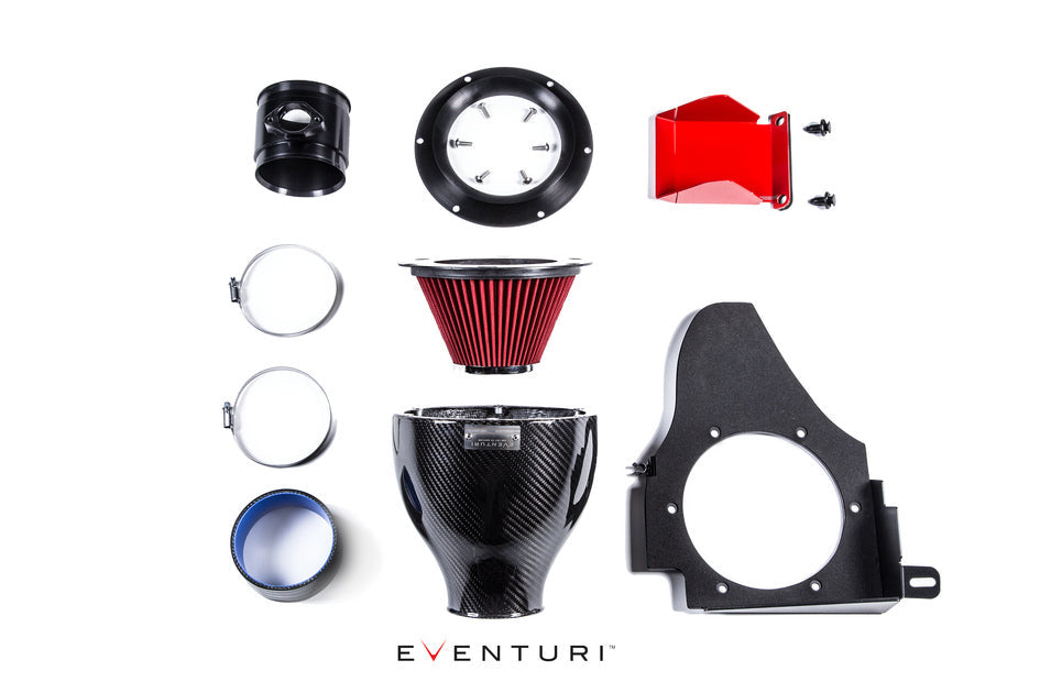 Eventuri BMW Z4M carbon intake system included components shown on a white background
