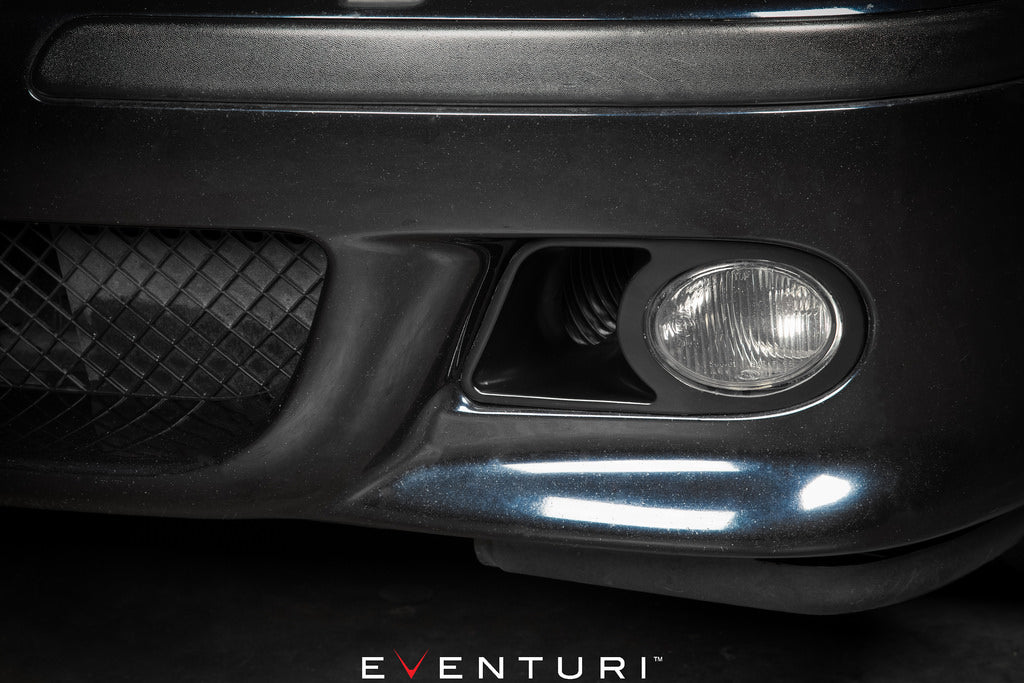 Installed view of single Eventuri BMW E39 M5 carbon intake inlet scoop in bumper