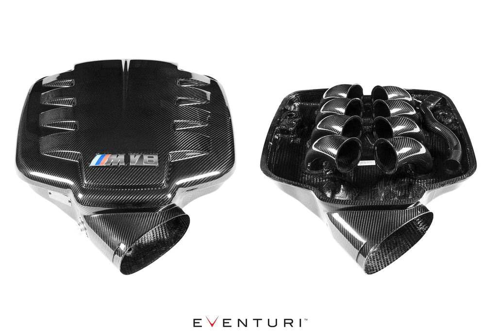 Eventuri black carbon inlet plenum for BMW E9X M3 S65 engine, glossy finish, performance upgrade, shown on white background