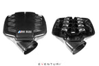 Eventuri black carbon inlet plenum for BMW E9X M3 S65 engine, glossy finish, performance upgrade, shown on white background