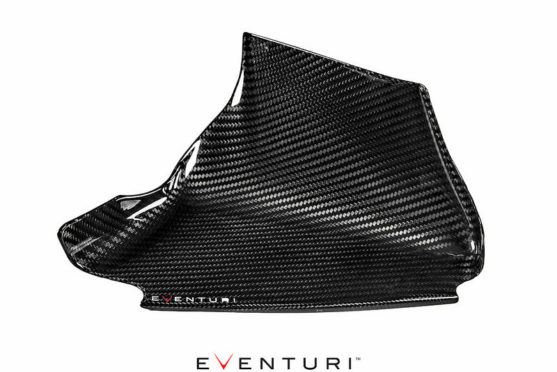 Eventuri BMW E9X M3 S65 black carbon intake system with gloss finish, shown against a white background.