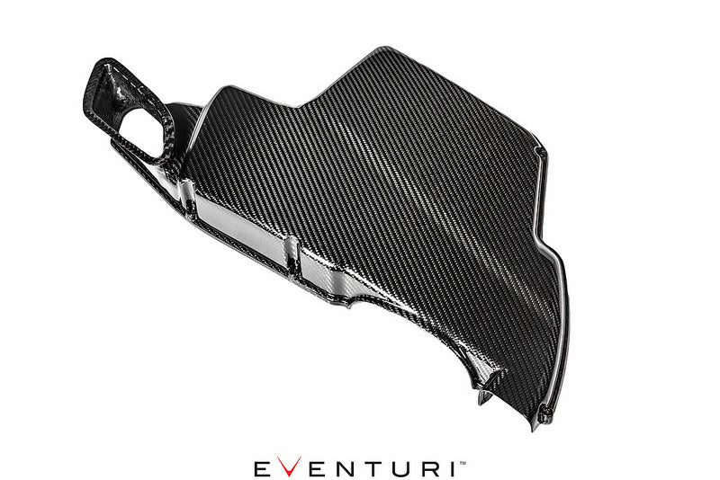 Eventuri black gloss carbon airbox lid for BMW E9X M3 S65 performance air intake system, showcasing sleek carbon fiber finish.