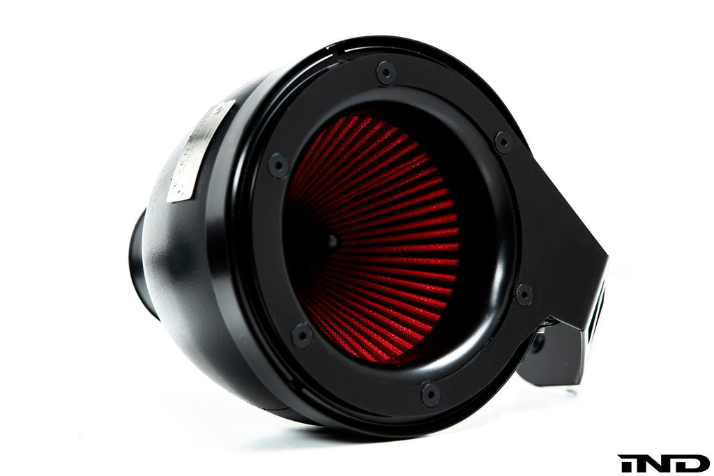 Eventuri F56 Mini Cooper S plastic intake with carbon scoop, performance air intake system on white background.