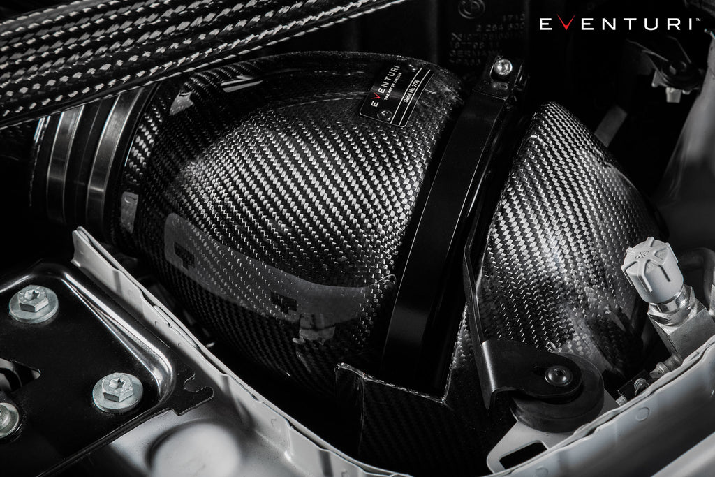 Eventuri black carbon intake system installed on BMW F87 M2 Competition and M2 CS performance vehicle.