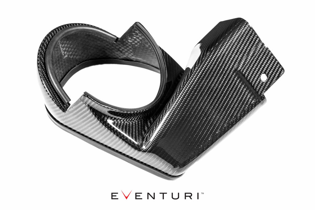 Eventuri black carbon intake system for BMW F87 M2 Competition and M2 CS with white components and performance design.