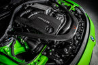 Eventuri black carbon intake system installed in engine bay on BMW F8X M3 and M4 with V2 performance upgrade