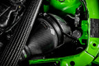 Eventuri black carbon intake system installed in engine bay of BMW F8X M3 and M4 with performance V2 upgrade.