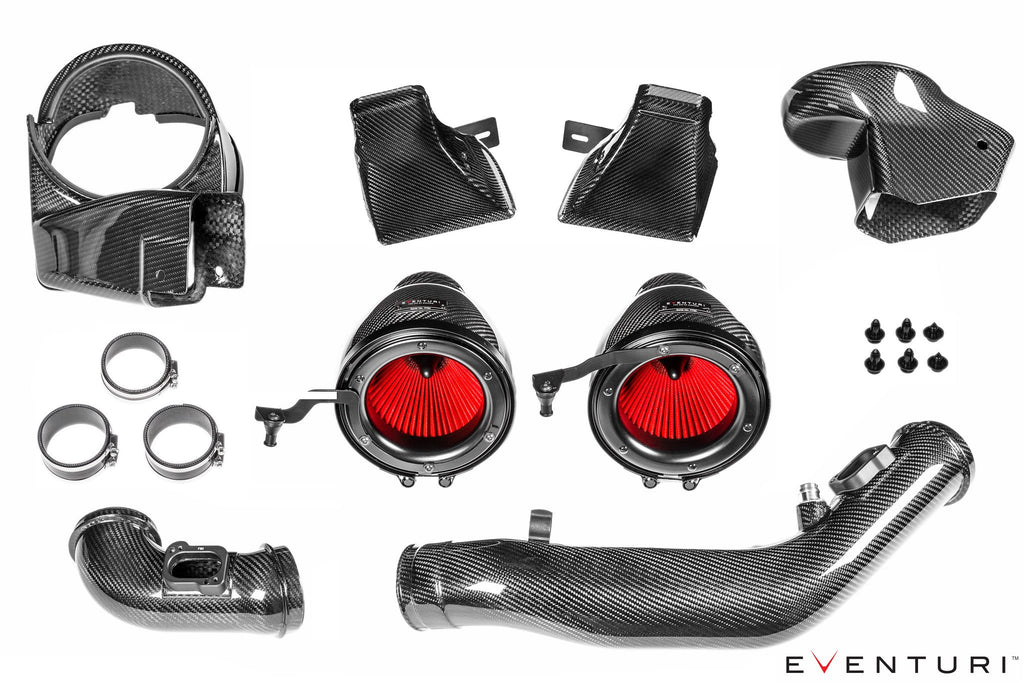 Eventuri black carbon intake system for BMW F8X M3 M4 V2, performance engine upgrade with sleek design on white background.