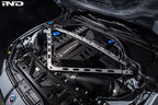 Eventuri black carbon engine cover installed in engine bay for BMW G8X M2, M3, M4 with S58 engine, showcasing sleek exterior design.