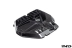 Eventuri black carbon engine cover for BMW G8X M2 M3 M4 S58, glossy exterior with detailed carbon fiber texture.